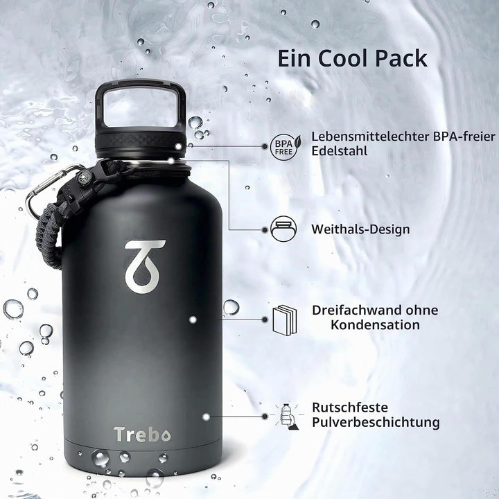Trebo Wasserflasche mit Paracord-Griff, 1,8 l, lebensmittelecht, doppelwandig, vakuumierter Edelstah