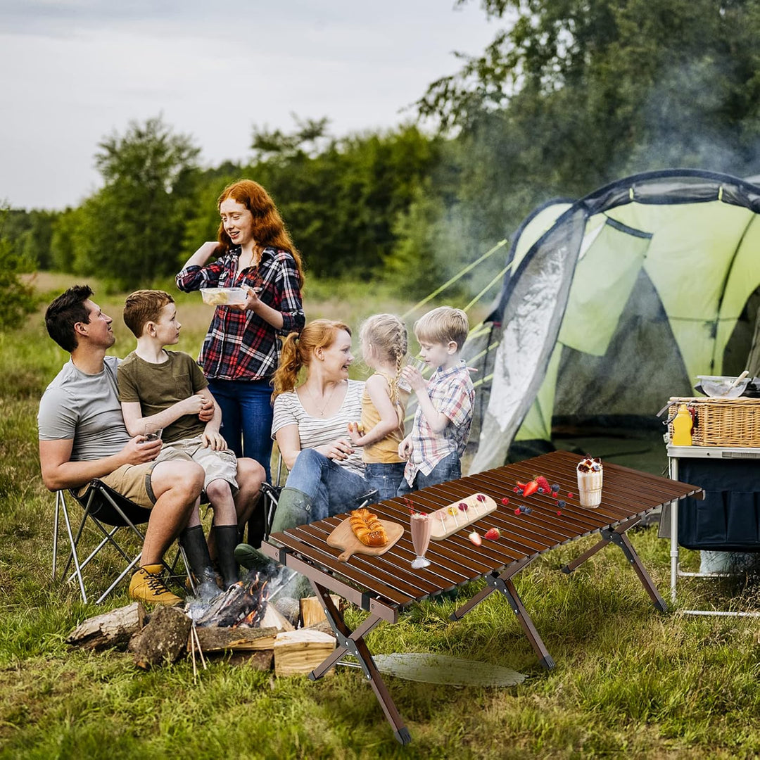 GYMAX Bambus Campingtisch Klappbar Roll-Up Klapptisch 122 x 60 x 43 cm für 4-6 Personen Falttisch mi