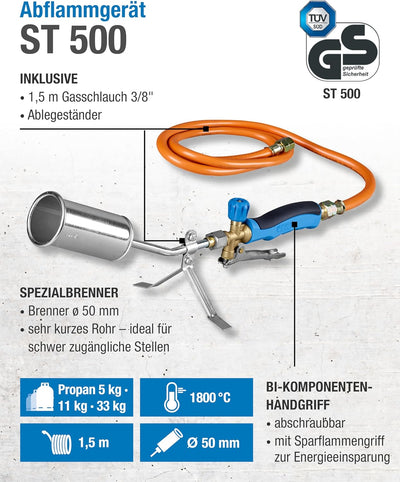 CFH Abflammgerät ST 500 inkl. Gasschlauch - Unkrautbrenner Gas Anwendung mit 3/8" Anschluss für Gasf