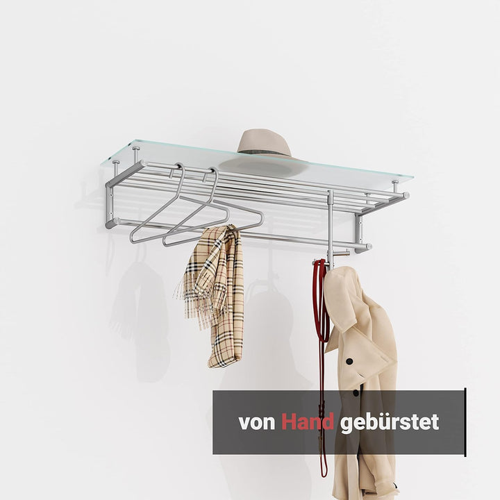 PHOS Design, G18-1000G, 100 cm Wandgarderobe mit Glasablage, Kleiderstangen aus Edelstahl matt 100 c