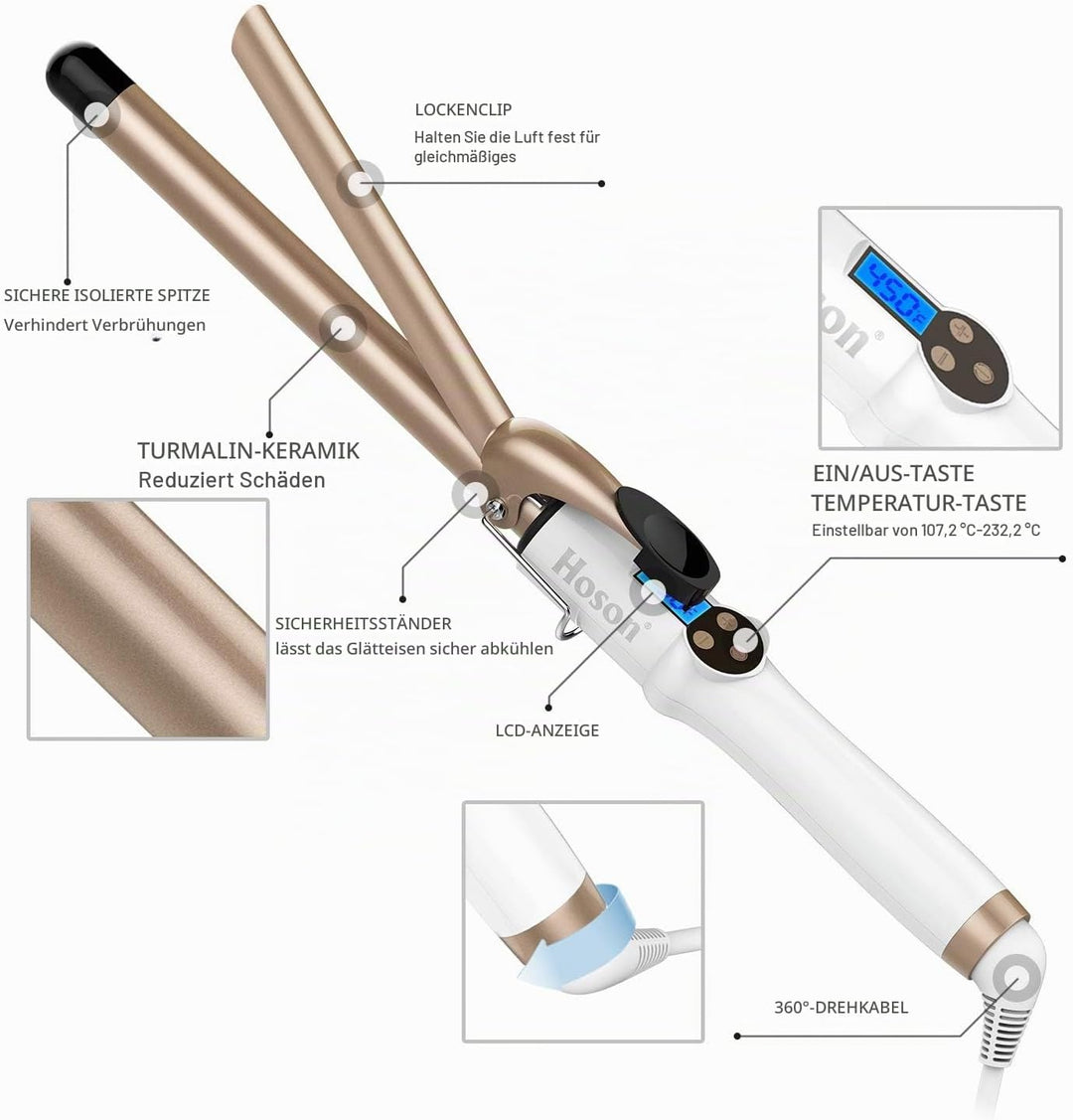 Hoson 19mm Lockenstab Pro Curl, Keramik Turmalin Beschichtung Lockenstab, LCD Display 9 Hitzeeinstel