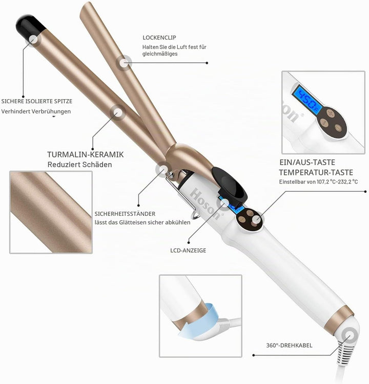 Hoson 19mm Lockenstab Pro Curl, Keramik Turmalin Beschichtung Lockenstab, LCD Display 9 Hitzeeinstel