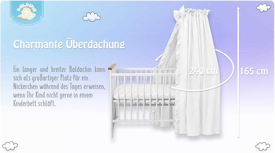 balbina Baldachin 100% Baumwolle, Deko-Set für Kinderbett, Betthimmel mit Rüsche & Schleife, Moskito