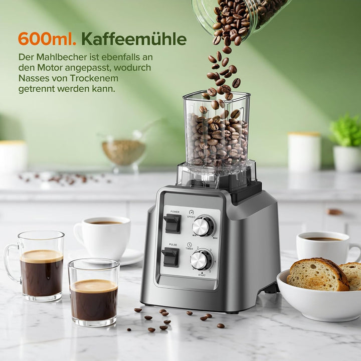 Teendow Standmixer, 1800W Smoothie Maker, Tischmixer mit 2,0-Liter-Behälter+ 600-ml-Kaffeemühle, Gee