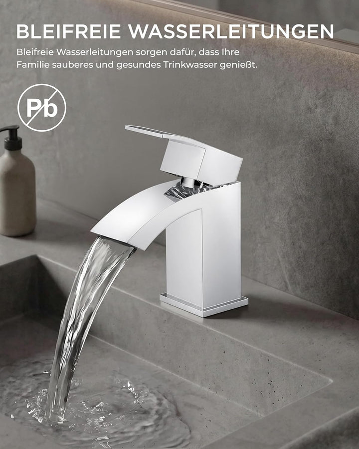 FORIOUS Wasserhahn Bad mit Ablaufgarnitur, Wasserfall Waschtischarmatur mit Auslauf Höhe 60 mm, Misc