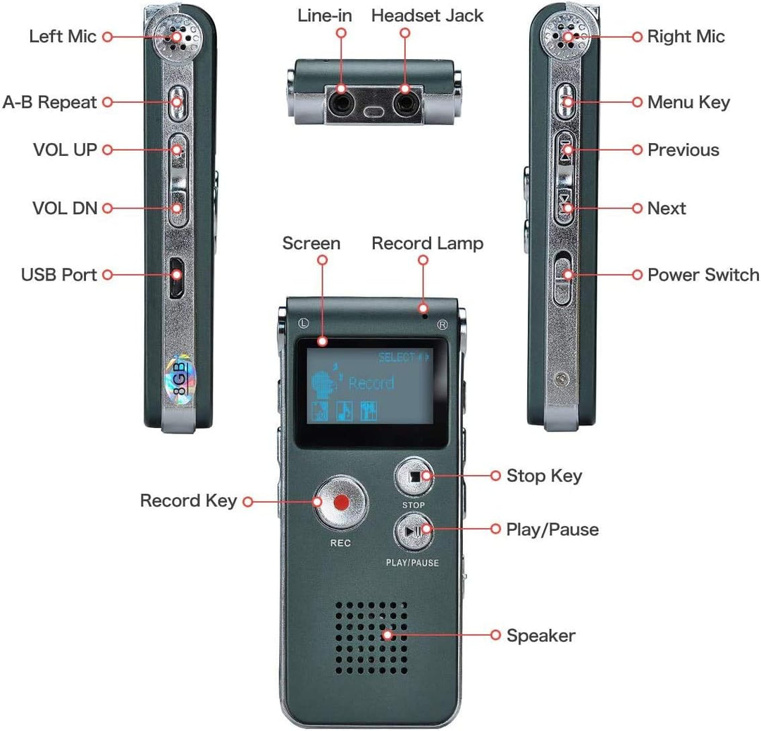Lychee 8GB LCD Bildschirm Digitales Diktiergerät Aufnahmegerät Sprachaufnahme Audiorekorder Voice Re
