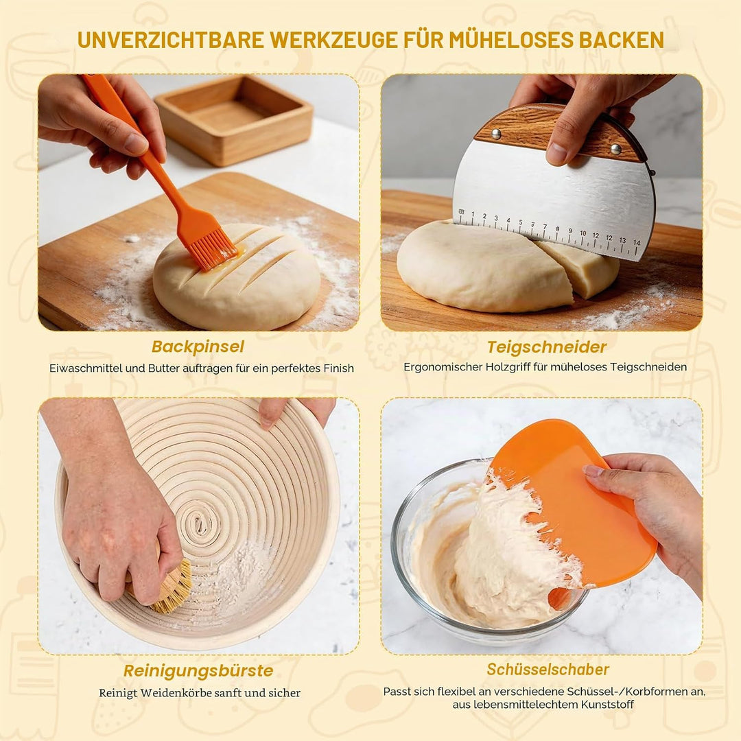 Sauerteig Starter Set, Backzubehör für Sauerteigbrot mit 2 Gärkorb (25cm Ovale &amp; 23cm Runde), Sauert