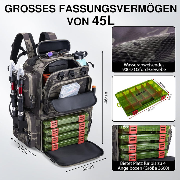 Goture Angelrucksack 45L, 4 Köderboxen, wasserdicht, Rutenhalter, Outdoor Schwarz Grau Tarn mit 4 Kö