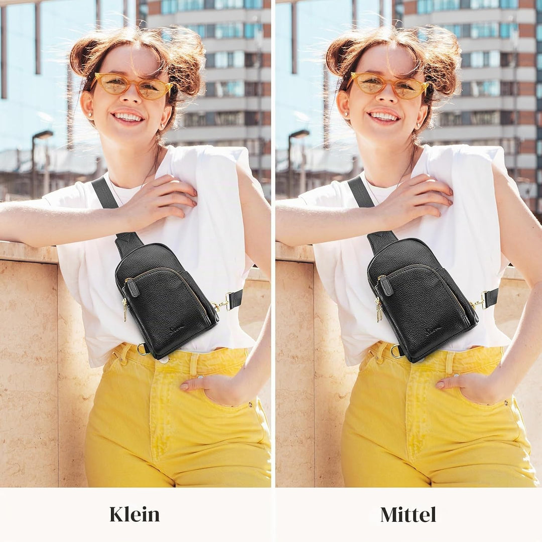 S-ZONE RFID-blockierende Damen-Umhängetasche, Leder, klein, Brustrucksack, Rucksack Schwarz-1, Schwa