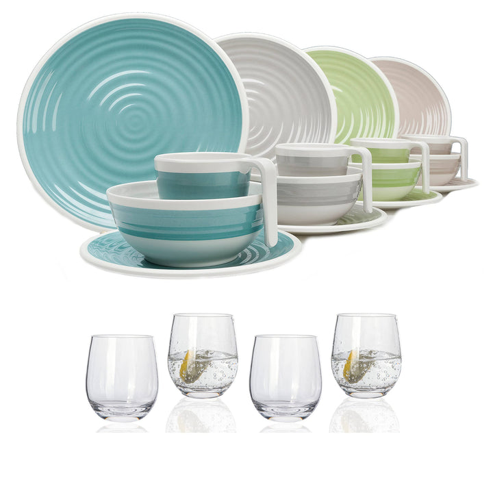 Melamin Camping Geschirr Set 1-4 Personen Harmonie 4-32 Teilig + Gläser Wassergläser Weingläser Cham
