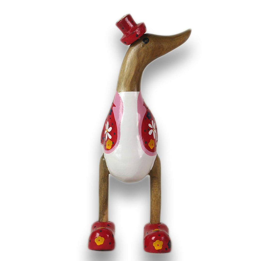 ART-CRAFT Holz Ente Lauf Ente Gartendeko Figur aus Bambus Wurzel und Teak Holz mit Blumen Motiv verz