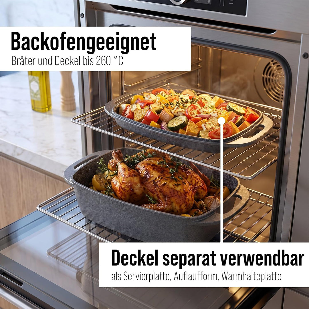 STONELINE Bräter Induktion 40 x 22 cm, 5,6 L, backofengeeignet, Deckel als Auflaufform verwendbar, A