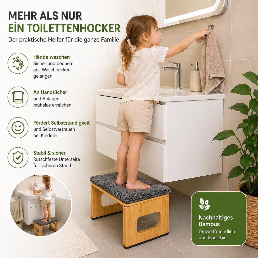 Bambus Toilettenhocker mit Kissen 20 cm hoch – ergonomischer Fusshocker WC aus Holz, rutschfest, bel