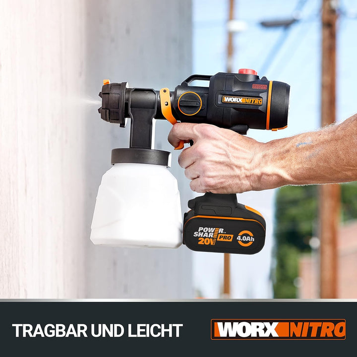 WORX WX020 Nitro Akku-Farbsprühsystem 20V - leistungsstark bürstenloser Motor - 3 Sprühform &amp; 4 Düse