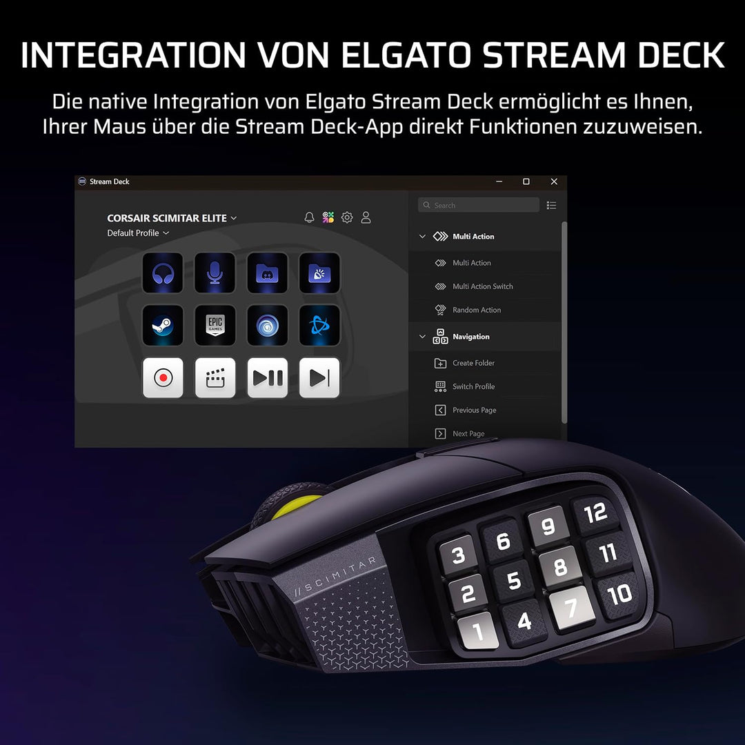 Corsair Scimitar Elite Wireless SE MMO Gaming Maus – 33.000 DPI, 16 Programmierbare Tasten, Einstell