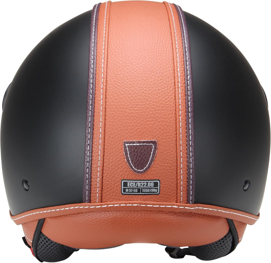 Motorradhelm Jethelm Rollerhelm CMX Hazel Grösse L matt schwarz mit braunem Leder und klarem Visier