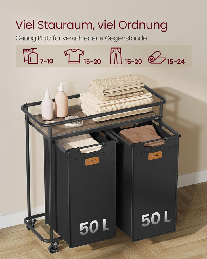 VASAGLE Wäschesammler mit Rollen, Wäschekorb 2 Fächer, 100 L, Wäschesortierer mit Ablage, Wäschewage
