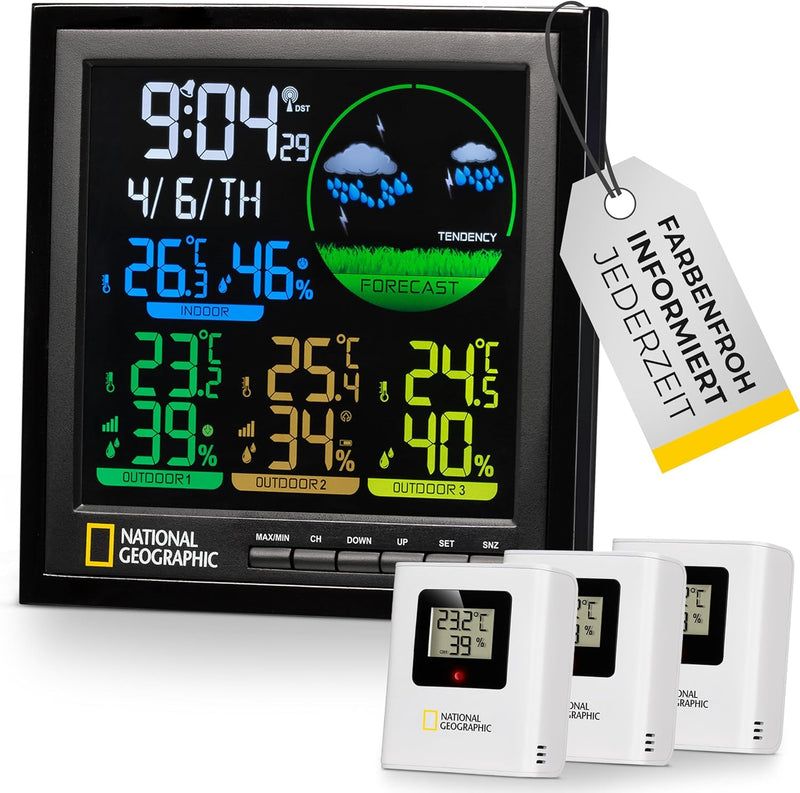 National Geographic Wetterstation Funk mit Aussensensor VA Farb-Wetterstation mit 4 Messbereichen fü