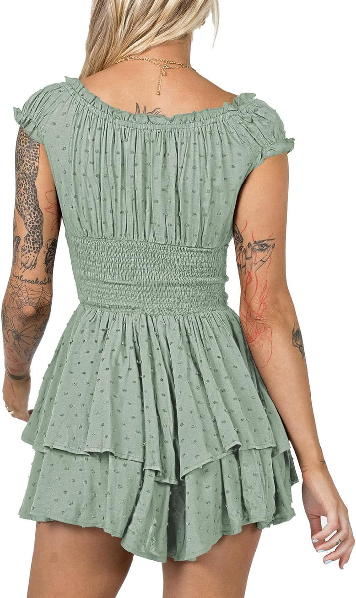 Viottiset Damen Rüschen Shorts Strampler Schulterfrei Swiss Dot Sommer Overalls S Grün, S Grün