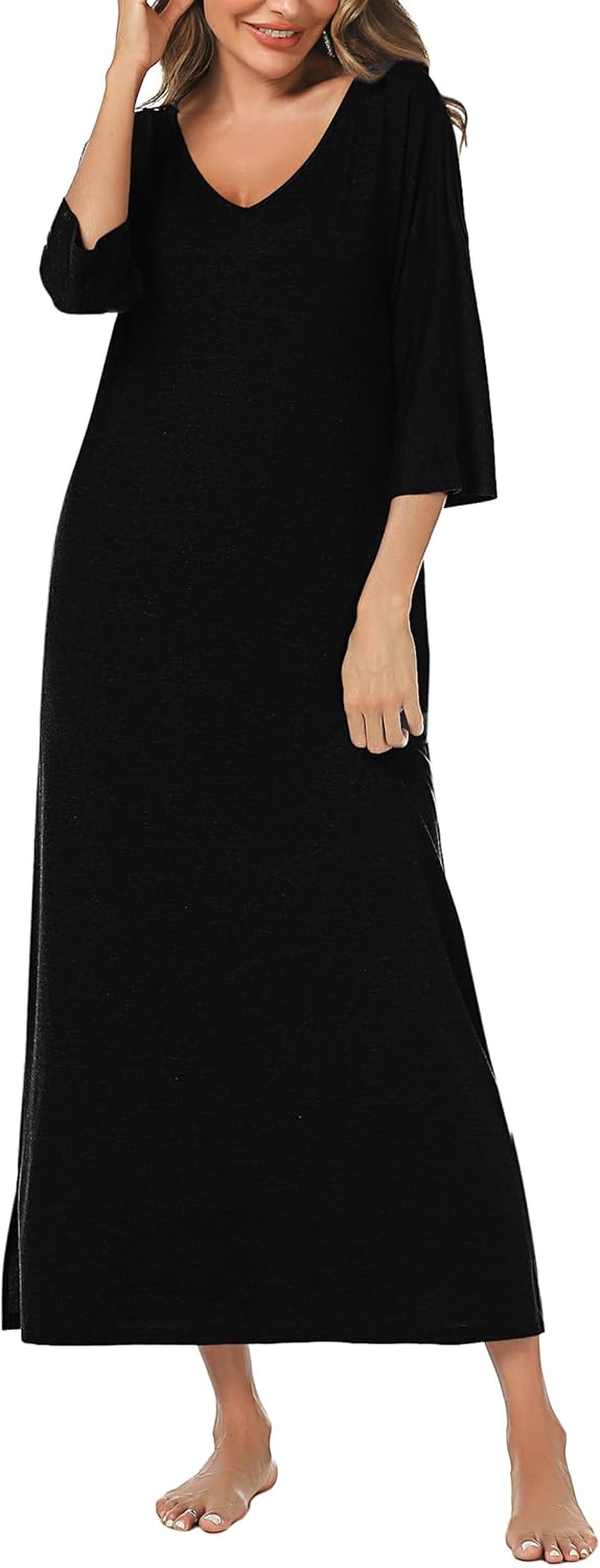 Uniexcosm Nachthemd Damen Lange Baumwolle 3/4 Ärmel Nachtkleid Nachtwäsche V-Ausschnitt Freizeitklei