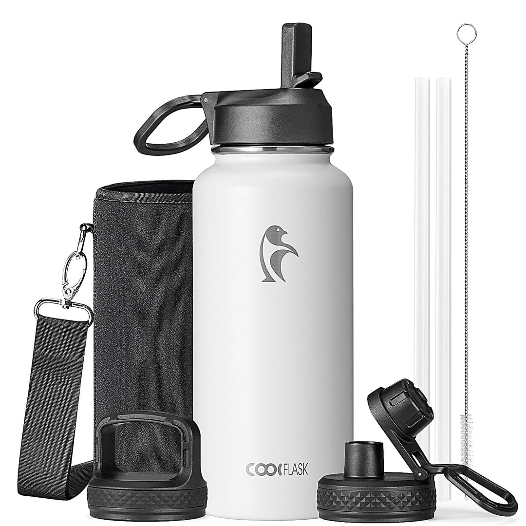 Coolflask Wasserflasche 946 ml Isoliert mit Strohhalm, Edelstahl Metall 3 Deckel Wasserflasche Breit