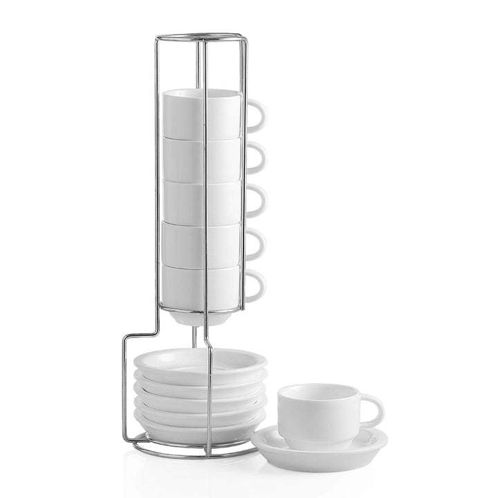 Sweejar Home Porzellan-Espresso-Tassen und Untertasse, stapelbar, mit Metallständer, 70 ml für Latte