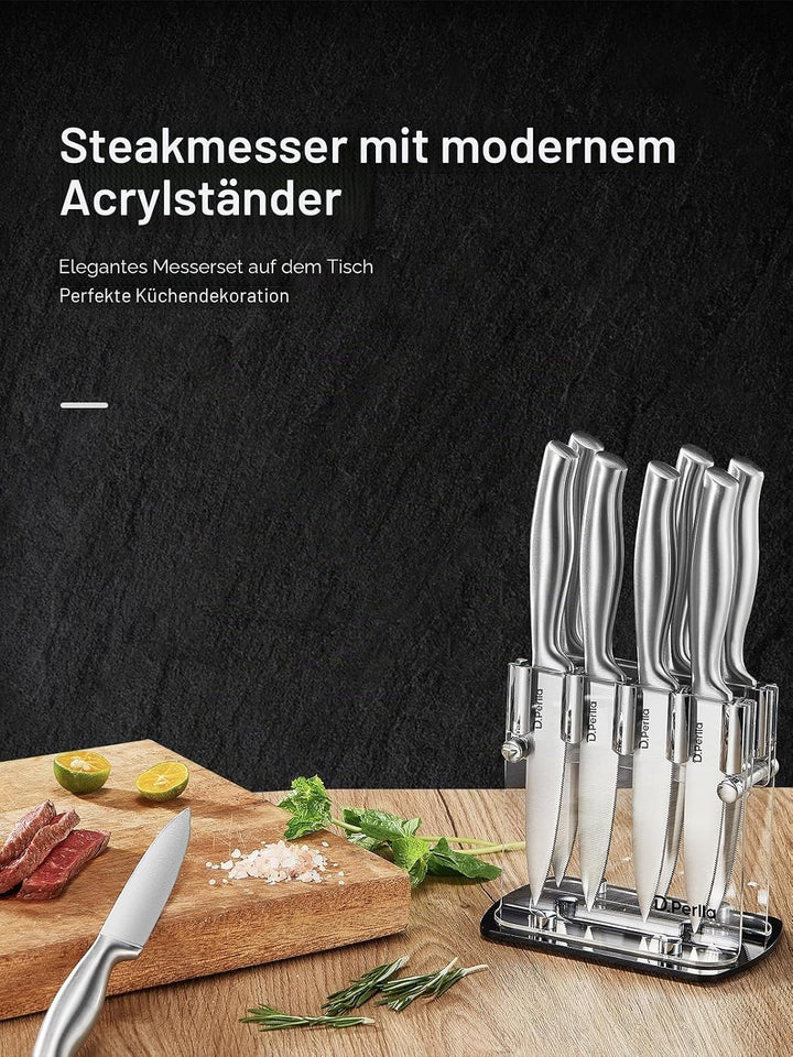 D.Perlla Steakmesser, Steakmesser Set 9-teilig，Scharfes Steakmesserset mit ergonomischem Griff, 8 St