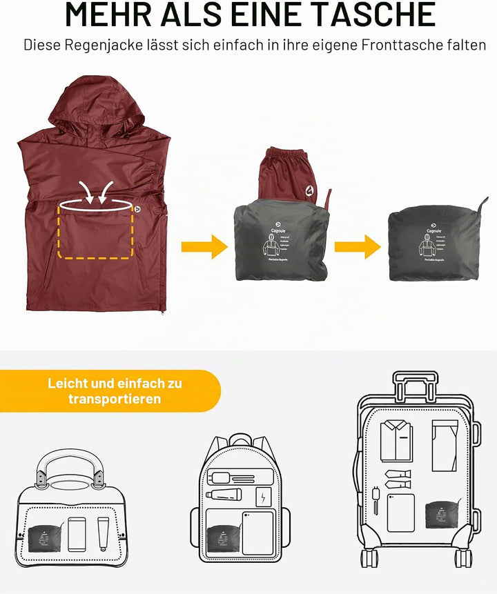Outdoor Ventures Herren Regenjacke Wasserdichter Pullover mit Kapuze Packbare Reflektierende Jacke L