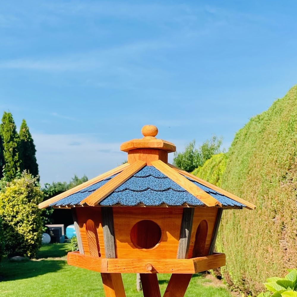 Vogel Futter Haus L oder XL Sechseck Holz Vogelhaus Futterstelle Braun/Blau, Rot, Schwarz und Grün (