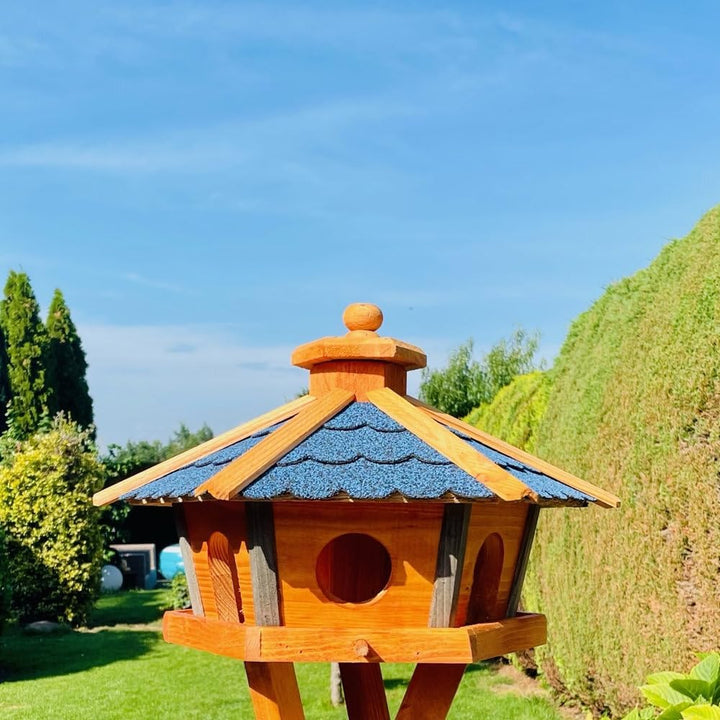 Vogel Futter Haus L oder XL Sechseck Holz Vogelhaus Futterstelle Braun/Blau, Rot, Schwarz und Grün (