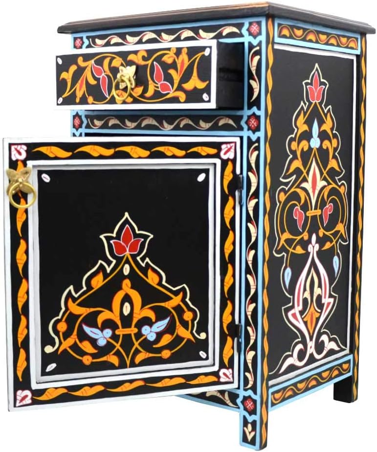 L´Orient Marokkanische Kommode Menara aus Vollholz Schwarz Handbemalt H 68 cm 1 Schublade 1 Tür | An