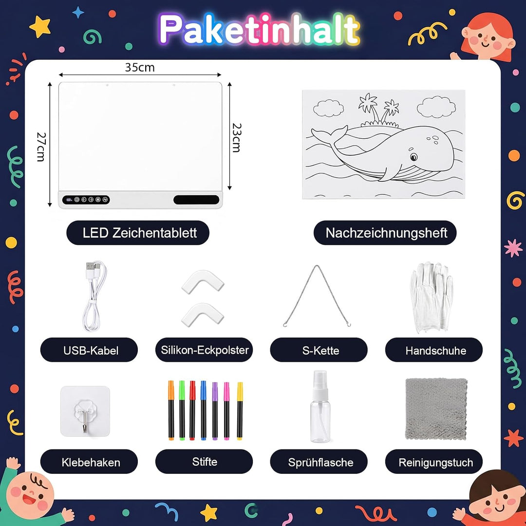 JOVVI LED Zeichenbrett, Kinder Zeichenbrett mit 7 Farben & 4 Modi, Aufladbares Malboard mit Akku und