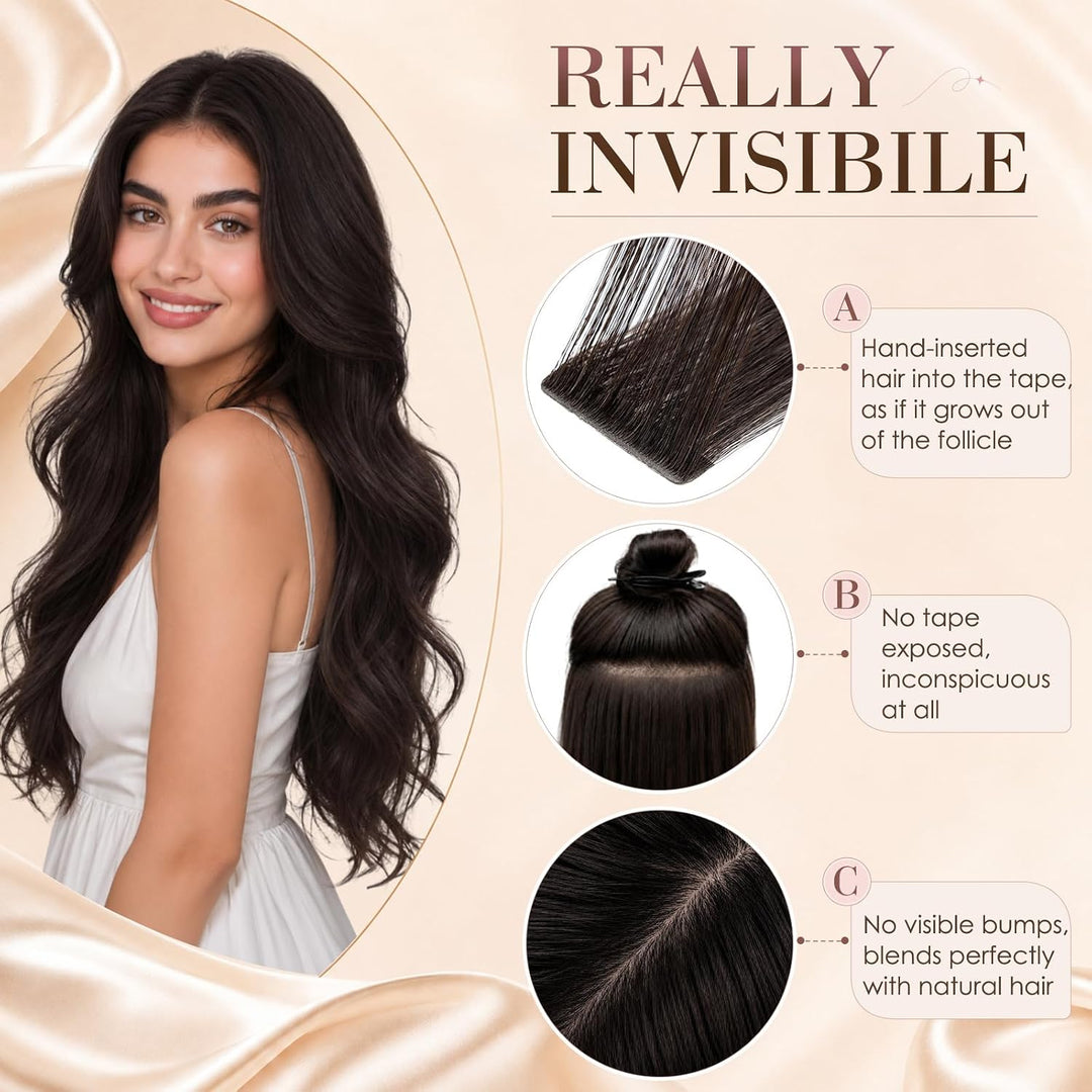Elailite Tape Extensions Echthaar Naturschwarz, 10 Stück 20g Kleber Haarverlängerungen Invisible Gla