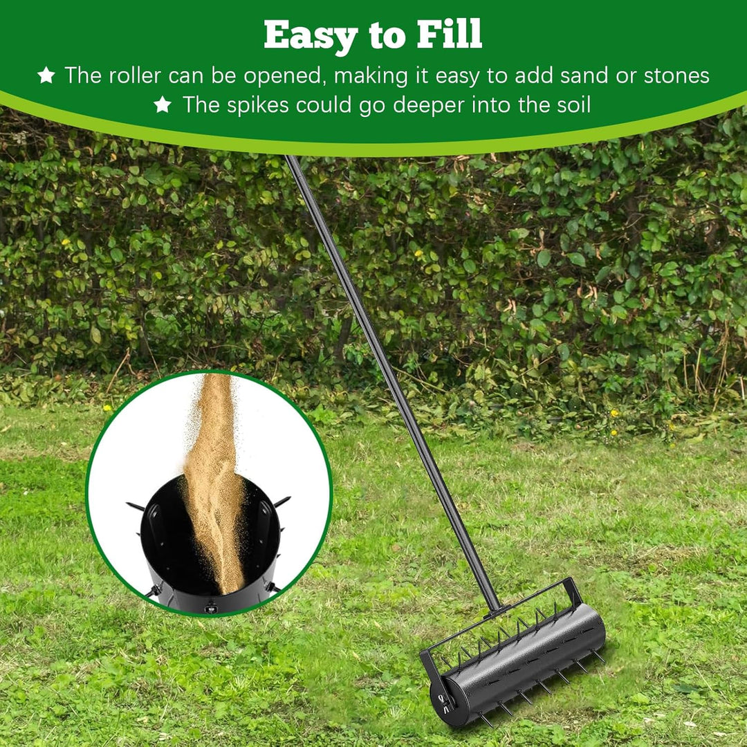 Aerifizierer für Rasen, Walzentyp Rasenbelüfter, Hand Rasenlüfter mit Stiel & 5cm Nägeln & Spritzsch