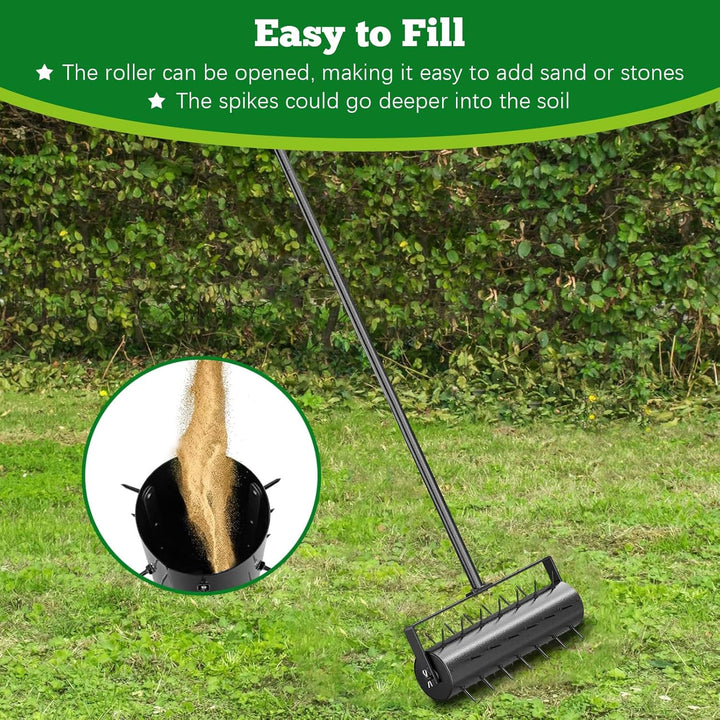 Aerifizierer für Rasen, Walzentyp Rasenbelüfter, Hand Rasenlüfter mit Stiel & 5cm Nägeln & Spritzsch