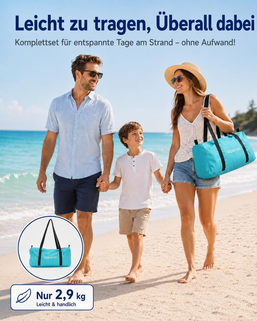 Strand-Sonnensegel 3 x 3 m, windfest, UPF 50+, für 4–6 Personen | 9,3 m² Schattenfläche mit Stangen