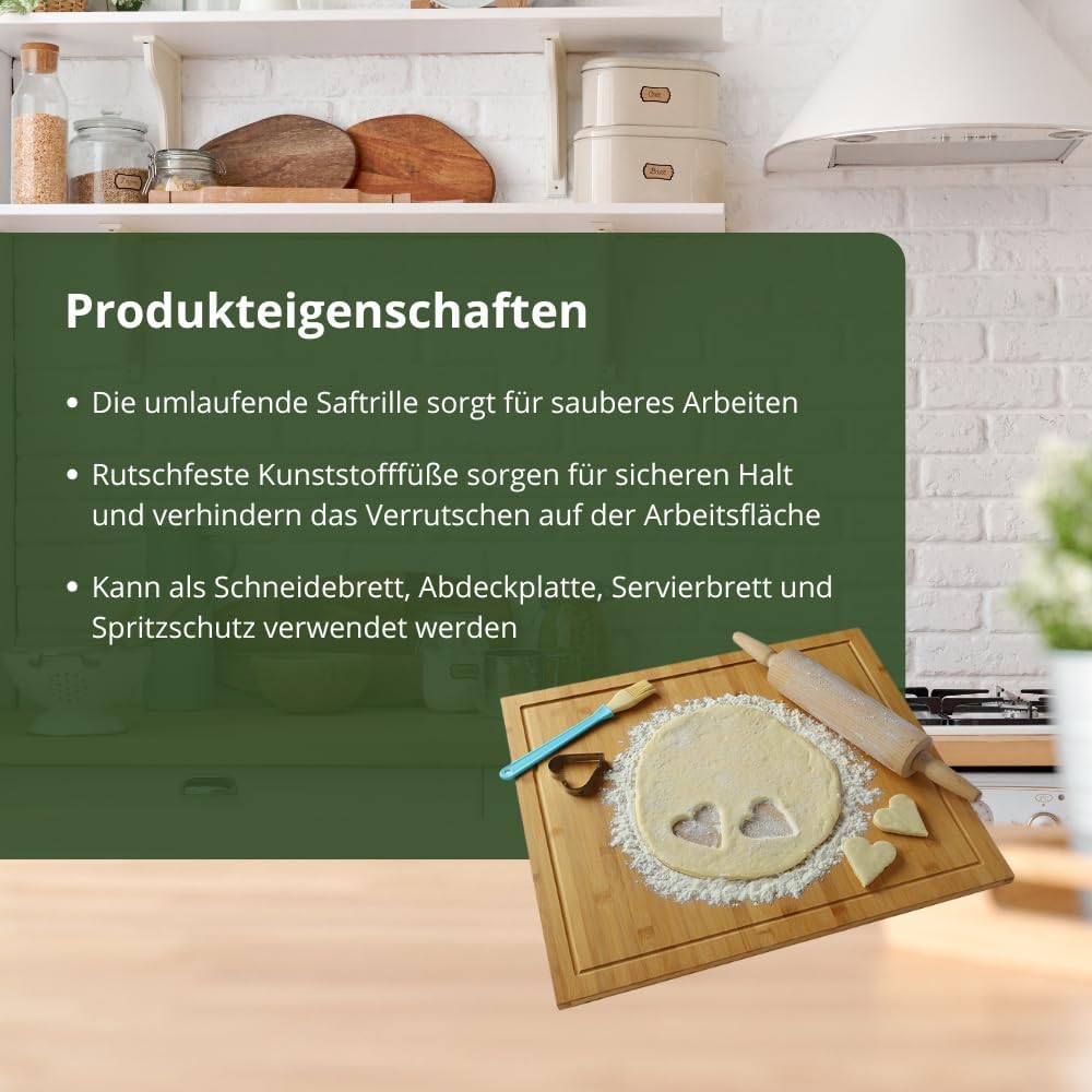 HeRo24 Schneidebrett aus Bambus 56×50 cm – grosses Küchenbrett als Herdabdeckung für Standard-Herdpl