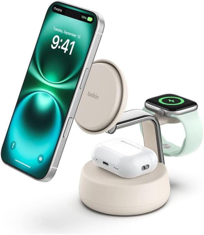 Belkin UltraCharge Pro Qi2.2 Induktive Ladestation, 25W, 3 in 1 Ladegerät MagSafe Kompatibel, Wirele
