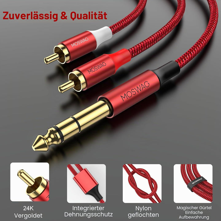 MOSWAG 6.3mm Stereo Klinke auf Cinch Kabel 5M Vitalco 2x Male Cinch Stecker zu Stereo Grosse Klinke