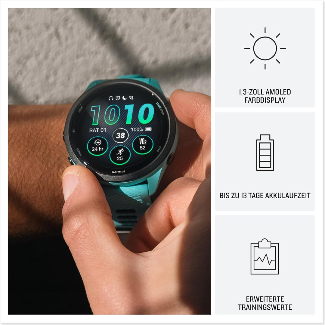 Garmin Forerunner 265 Running Smartwatch für Unisex, 46 mm Grösse, Aqua/Schwarz