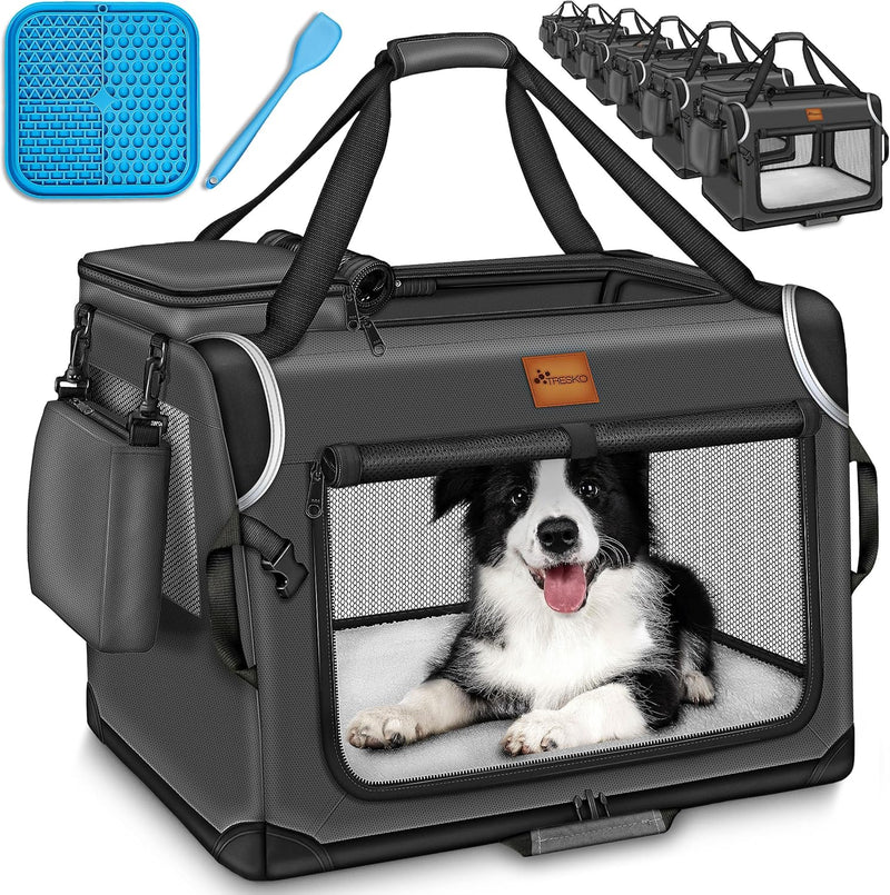 TRESKO® Hundebox faltbar inkl. Leckmatte, Spatel & Reflektoren S 50x34x34cm | Transportbox für Hunde