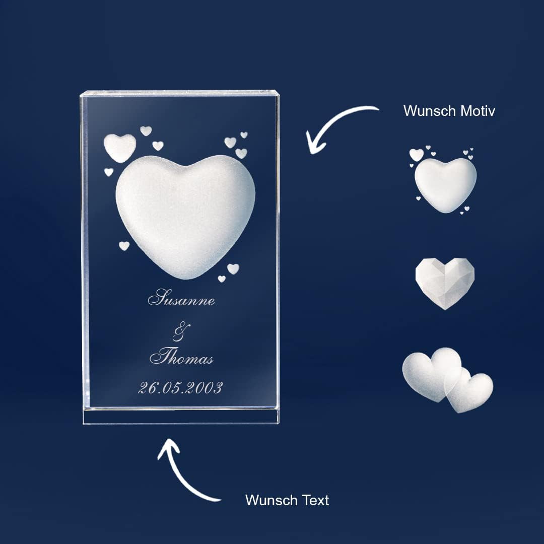 LOOXIS Personalisierte 3D Herz-Gravur im Glas – versch. Motive, Namen, Wunsch-Text – Geschenk-Idee z
