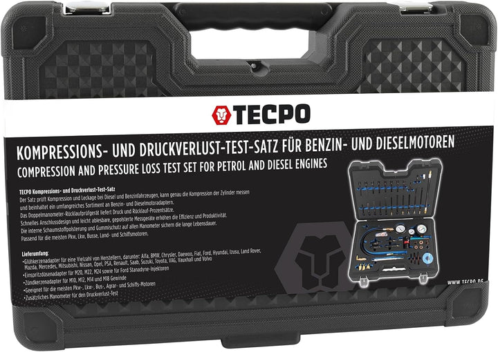 TECPO Profi Kompressionstester Druckverlust Tester Motoren Prüfer kompatibel mit Diesel- und Benzinm