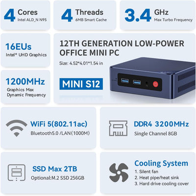 Beelink Mini PC, Intel 12th Gen Alder Lake- N95(bis zu 3.4GHz), 8GB DDR4 RAM 256GB SSD, Mini S12 Des