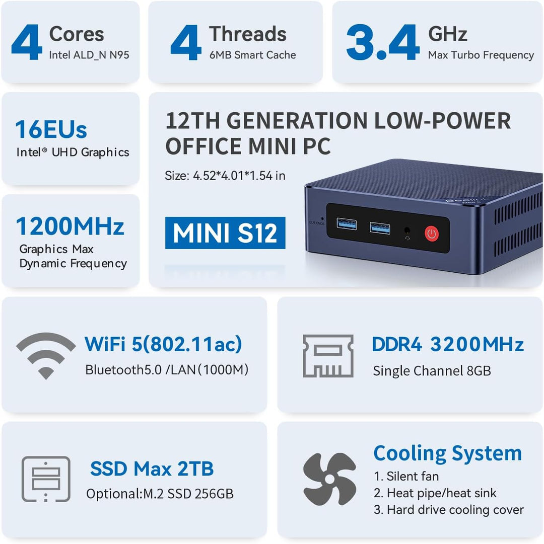 Beelink Mini PC, 12. Gen Intel Alder Lake-N95 Prozessor (bis zu 3.40GHz), MINI-S12 Wi-11 Pro Mini Co