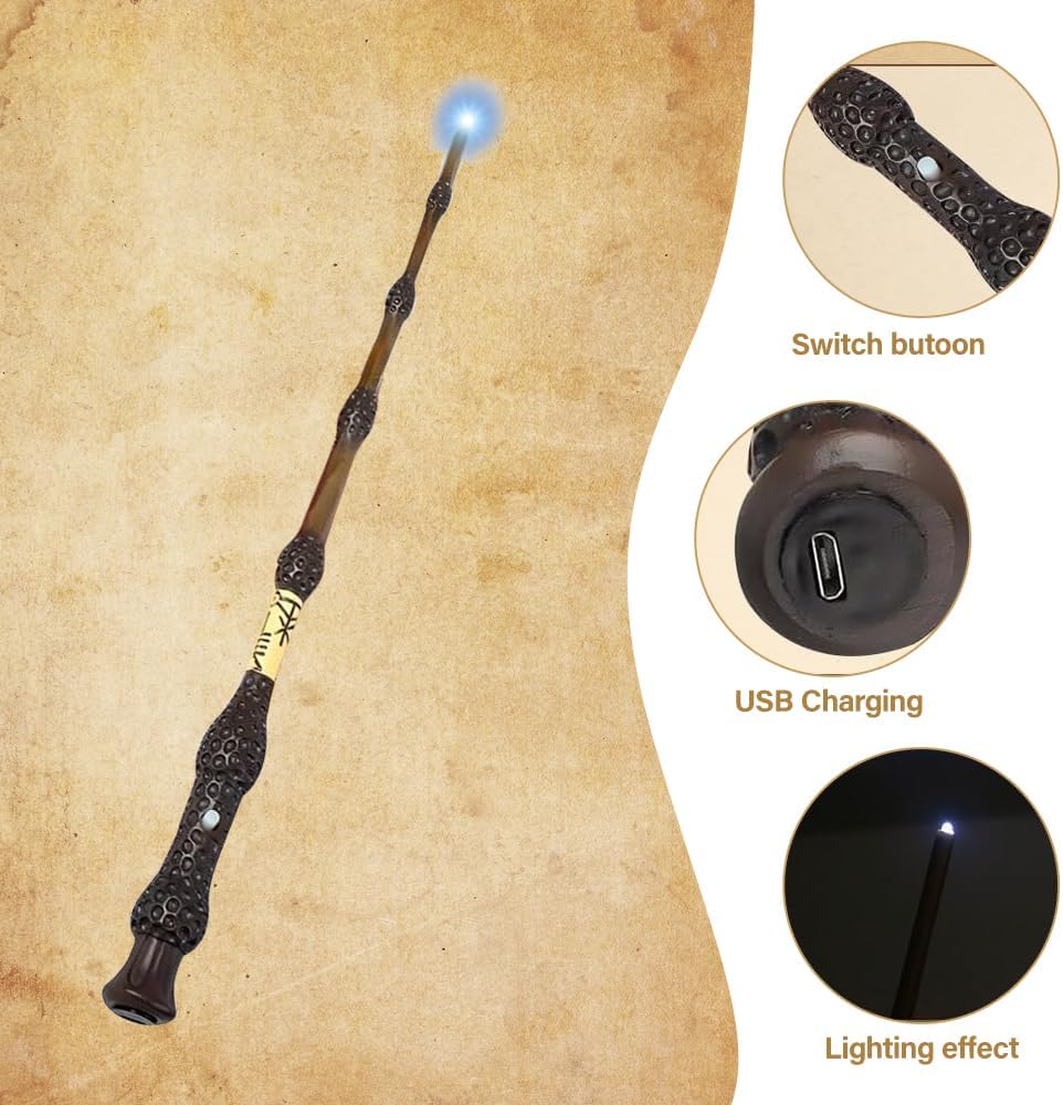 38CM Dumbledore Zauberstab mit Licht, Elderstab Harry P-Otter, USB Aufladung Zauberstab Dumbledore,