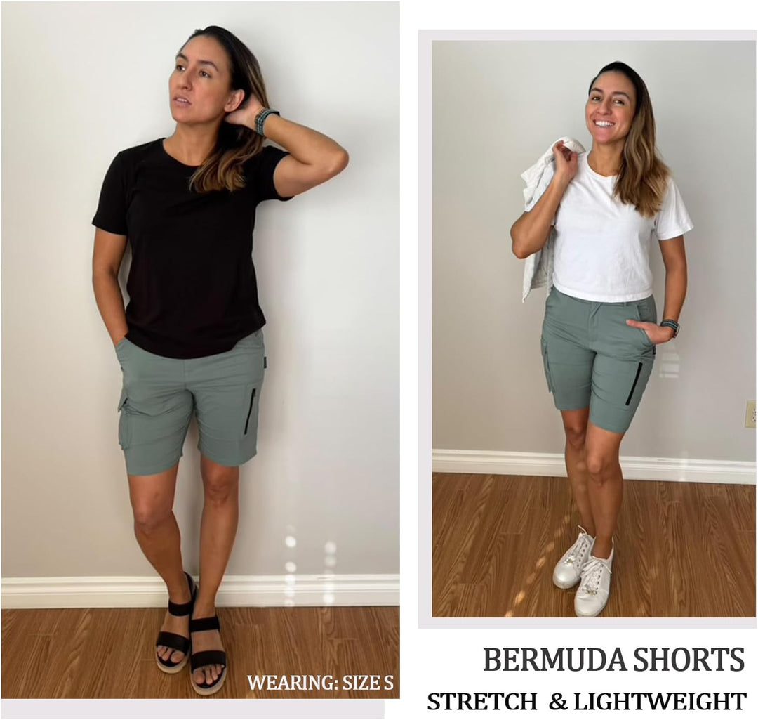 Soneven Stretch Damen Bermuda Shorts High Waist Leichte Cargo Shorts Wanderhose Kurz Zip Off mit Rei