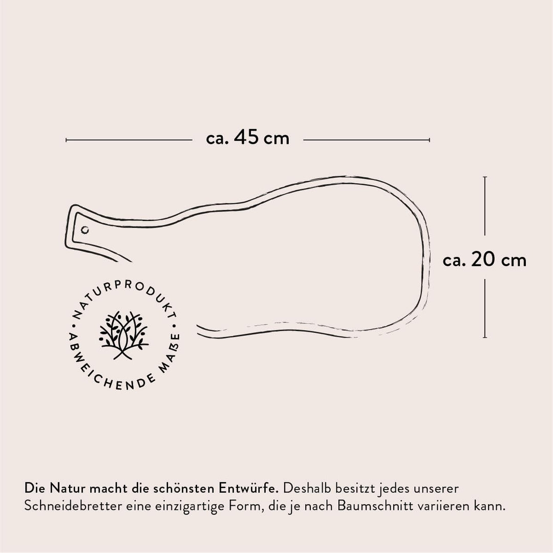 DAS OLIVENHOLZBRETT® Schneidebrett, Servierbrett in Naturform mit Griff 45cm 45L x 20B cm, 45L x 20B