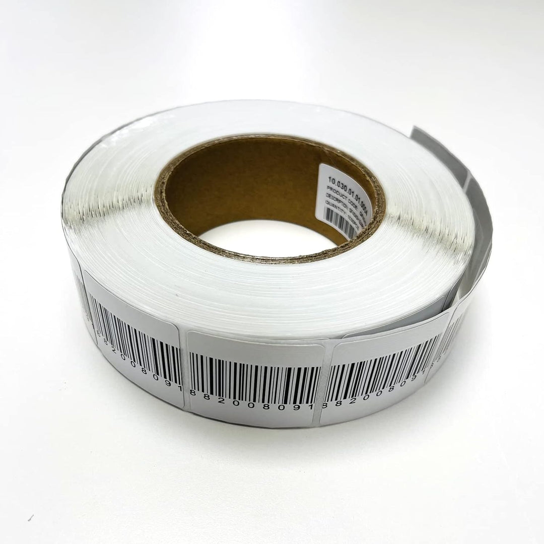 RF-Klebeetiketten 40x40 mm mit Barcode, Rollenetiketten 1000 o 2000 Stück, Anti-Diebstahl-Etiketten