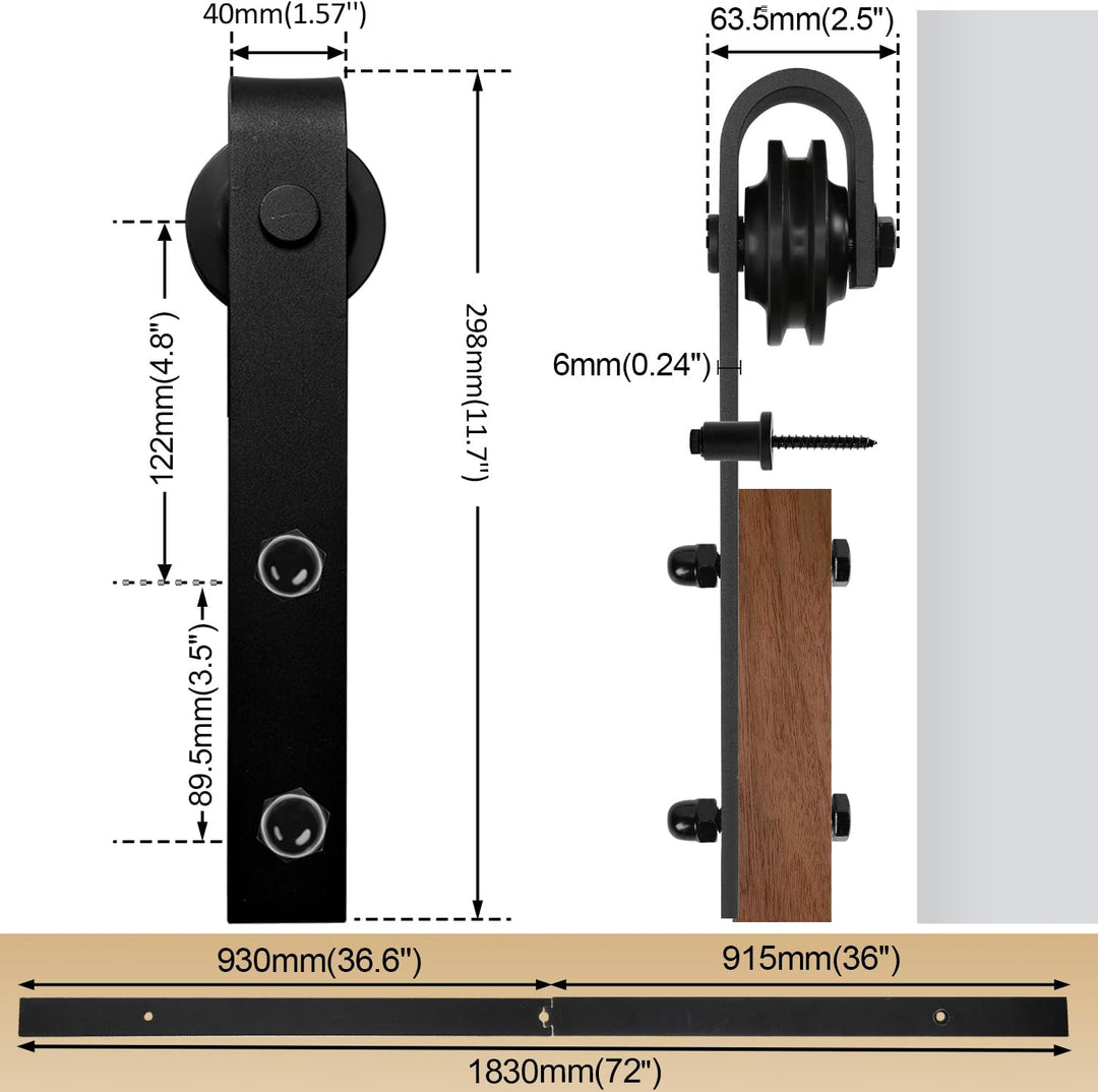 Eulenke Schiebetürbeschlag Komplettset - Schiebetürsystem für Holztüren und Falttüren - 183cm Schwar